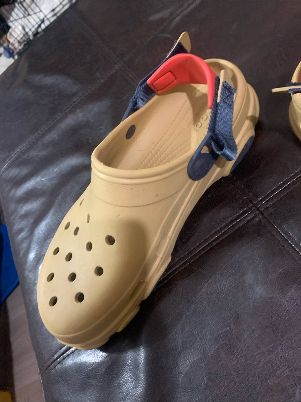 CROCS Tan Slip-On Clog with Navy Strap